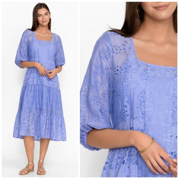 Johnny Was Boho Castillo Eyelet Periwinkle Purple Tiered Dress XL